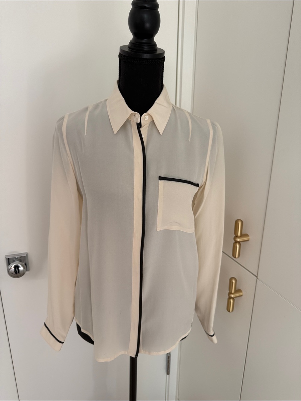 Club Monaco Cream Button-Down Blouse with Black Faux Leather Trim